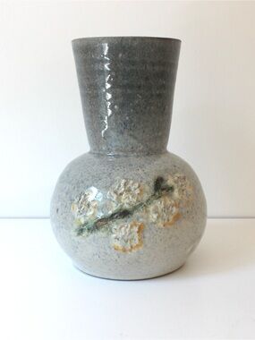 Vintage Handmade Vase, Signed Pottery, Texture, Grey Blue with Yellow Raised